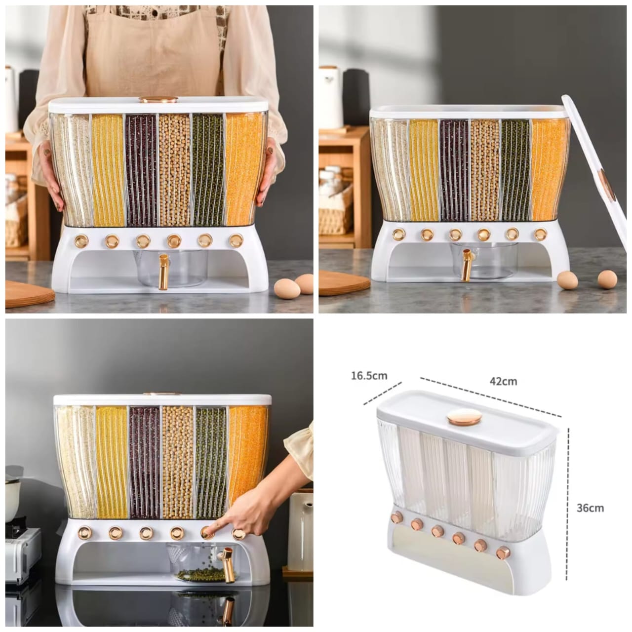 10KG 6-Compartment Airtight Cereal & Dry Food Storage Dispenser