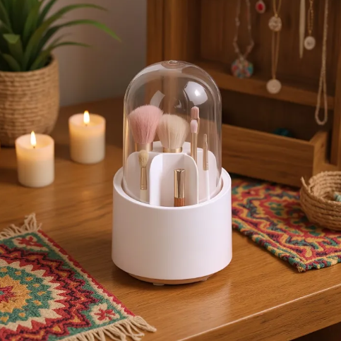 360° Rotating Makeup Brush Holder with Dustproof Cover