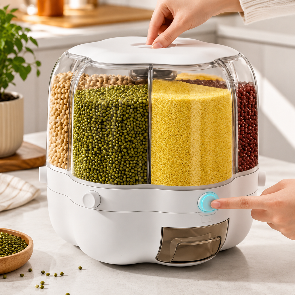 360° Rotating Cereal Dispenser with Petal Cap – Airtight Insect-Proof Rice Bucket & Dry Food Storage Organizer for Kitchen