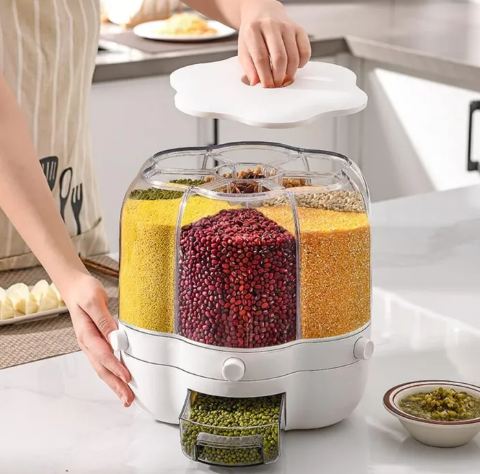 360° Rotating Cereal Dispenser with Petal Cap – Airtight Insect-Proof Rice Bucket & Dry Food Storage Organizer for Kitchen