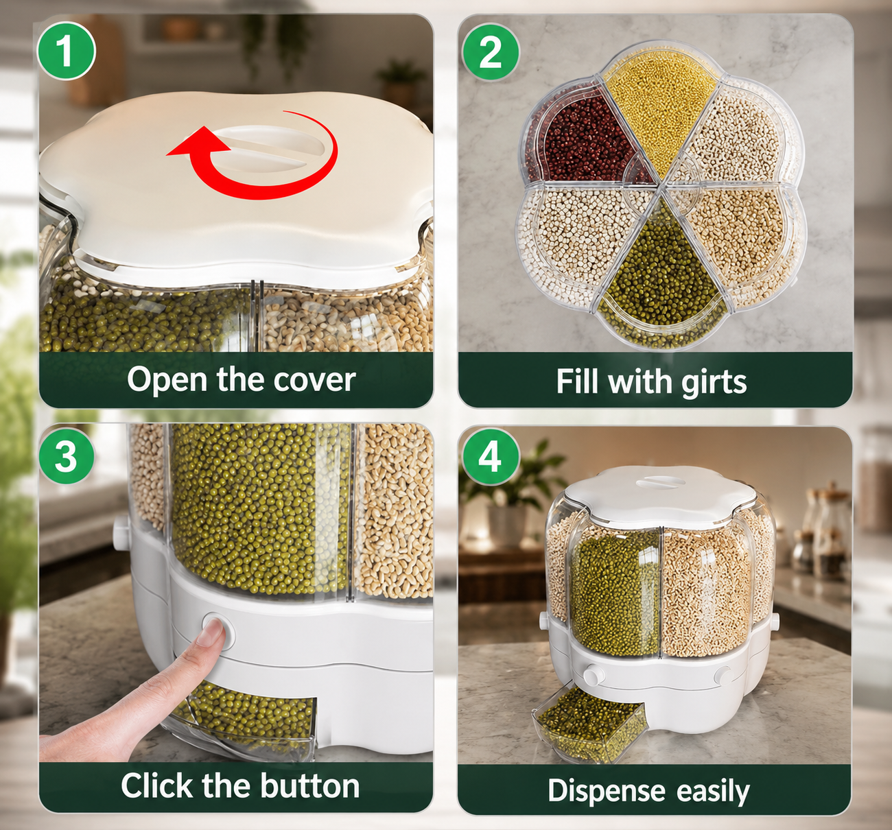 360° Rotating Cereal Dispenser with Petal Cap – Airtight Insect-Proof Rice Bucket & Dry Food Storage Organizer for Kitchen