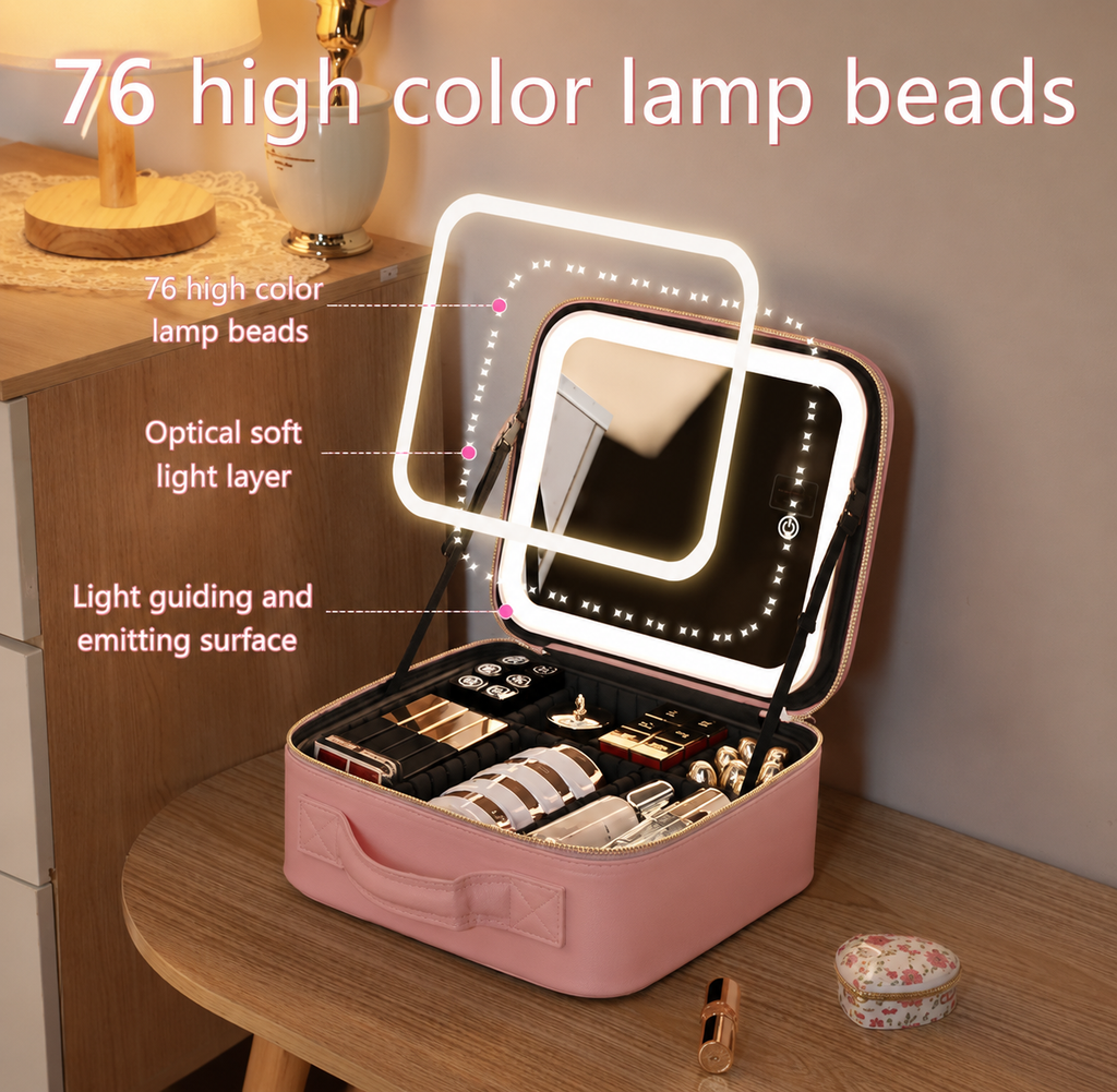 Premium LED Makeup Organizer Travel Case with Mirror – Waterproof Cosmetic Storage Bag for Makeup, Skincare & Jewelry
