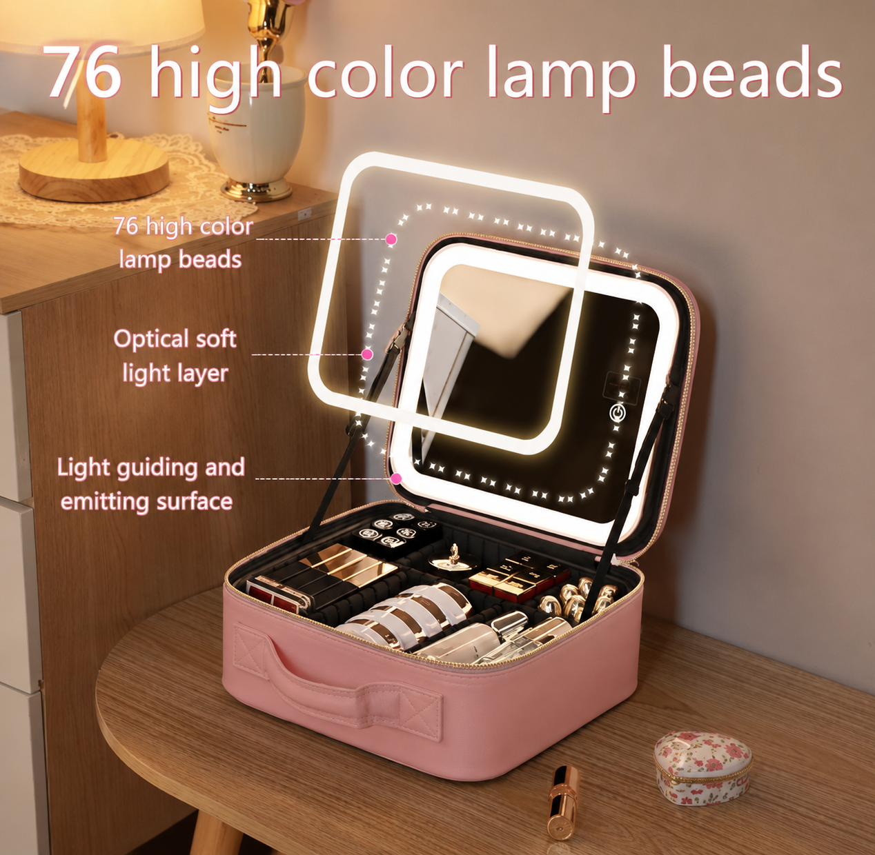 Premium LED Makeup Organizer Travel Case with Mirror – Waterproof Cosmetic Storage Bag for Makeup, Skincare & Jewelry