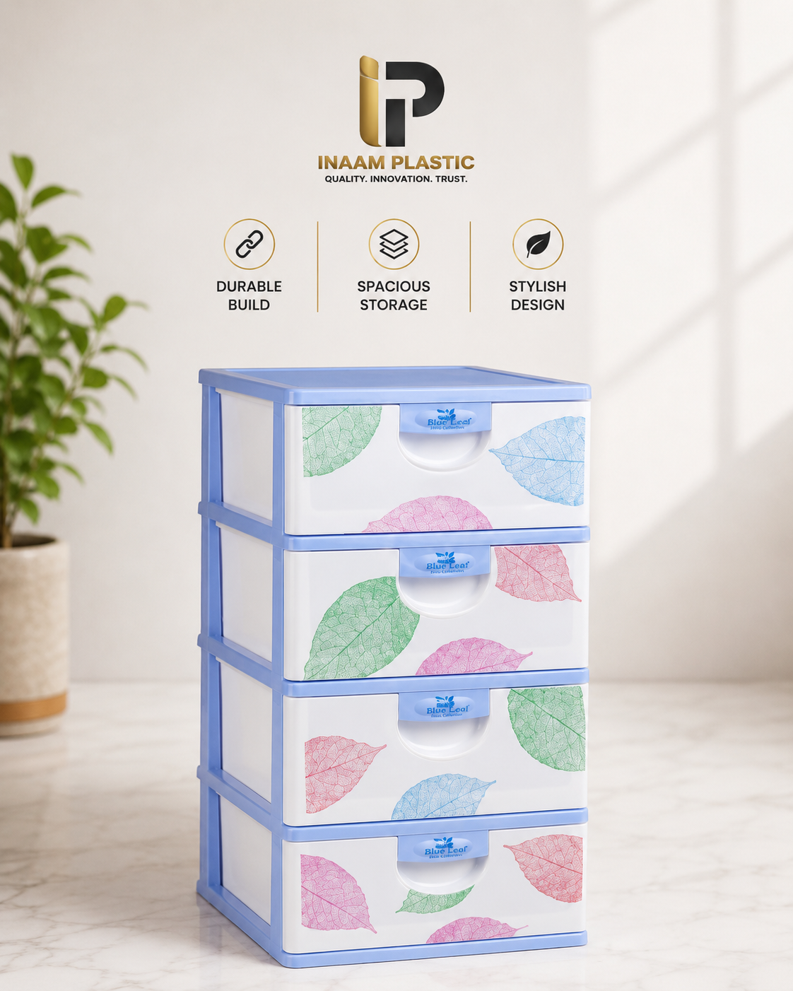 3,4 & 5 Drawer - Blue Leaf Plastic Storage Organizer