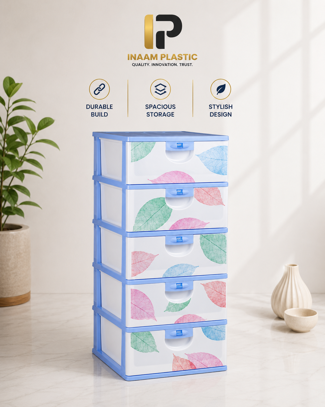 3,4 & 5 Drawer - Blue Leaf Plastic Storage Organizer