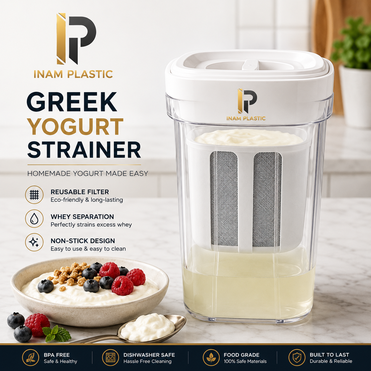 Multi-Purpose Greek Yogurt Maker & Beverage Strainer | Homemade Dahi, Labneh & Cheese Maker | Kitchen Tool for Milk Fermentation, Cheese and Juice Straining