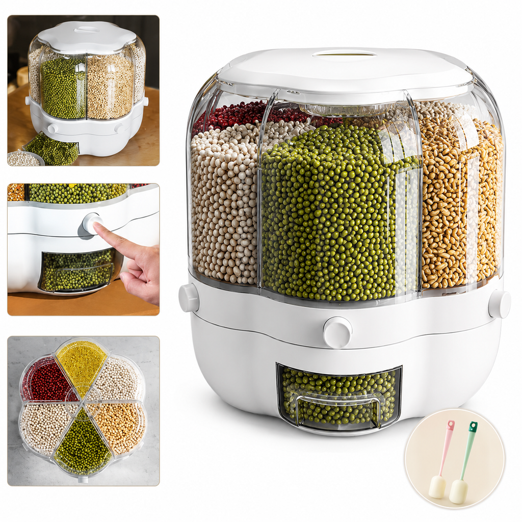 360° Rotating Cereal Dispenser with Petal Cap – Airtight Insect-Proof Rice Bucket & Dry Food Storage Organizer for Kitchen