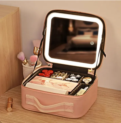 Premium LED Makeup Organizer Travel Case with Mirror – Waterproof Cosmetic Storage Bag for Makeup, Skincare & Jewelry