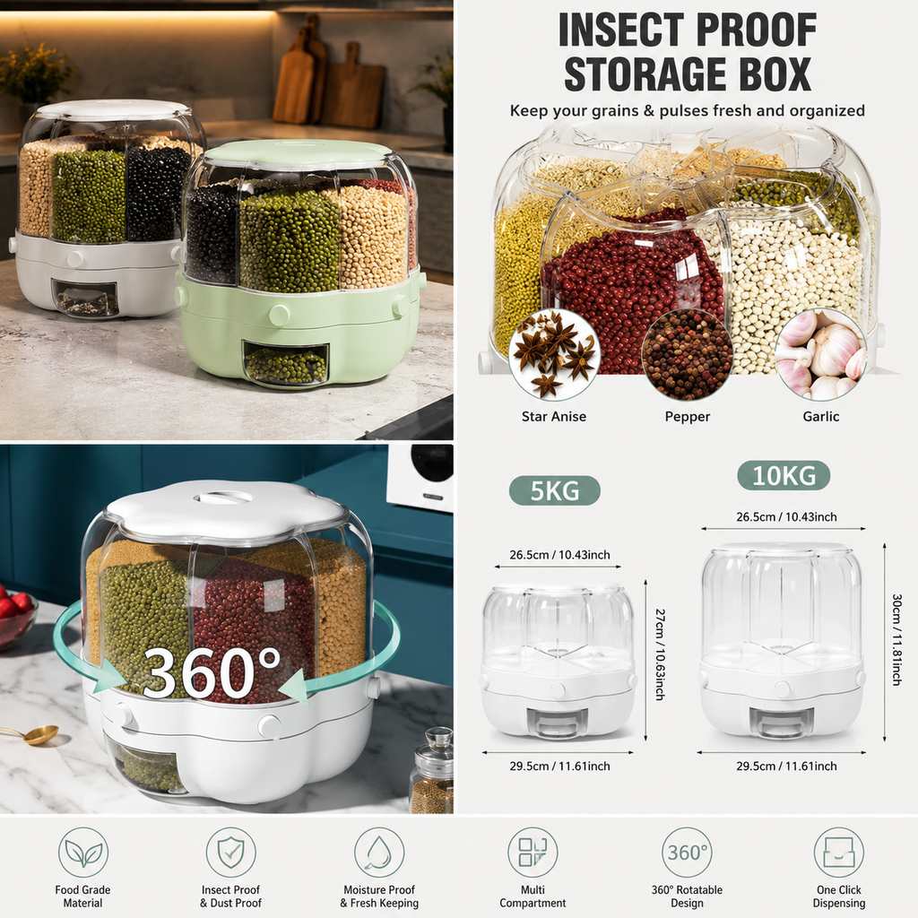 360° Rotating Cereal Dispenser with Petal Cap – Airtight Insect-Proof Rice Bucket & Dry Food Storage Organizer for Kitchen