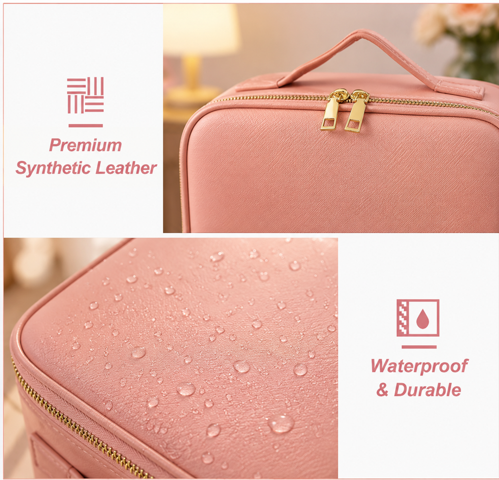 Premium LED Makeup Organizer Travel Case with Mirror – Waterproof Cosmetic Storage Bag for Makeup, Skincare & Jewelry